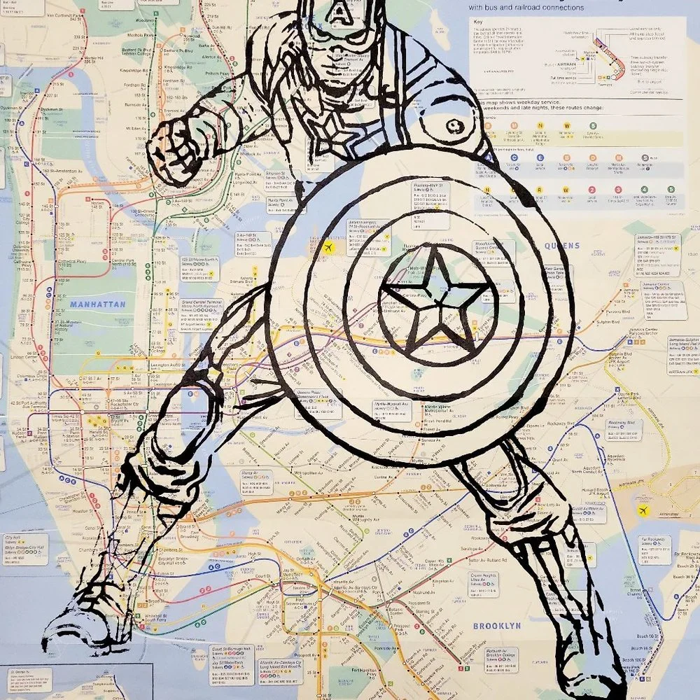 Handpainted Marvel Captain America Art on NYC Subway Map Rare Original Artwork - Picture 11 of 11